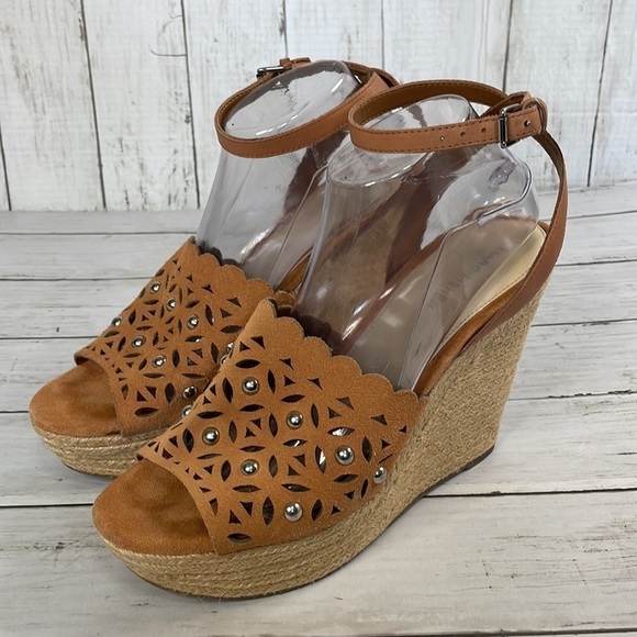 Marc Fisher Butterscotch Suede Studded Wedge Espadrille Ankle Strap Sandal - Picture 2 of 11